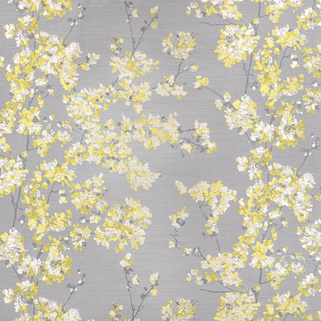 Soft grey fabric with yellow mimosa blossoms, white highlights and dark branching stems