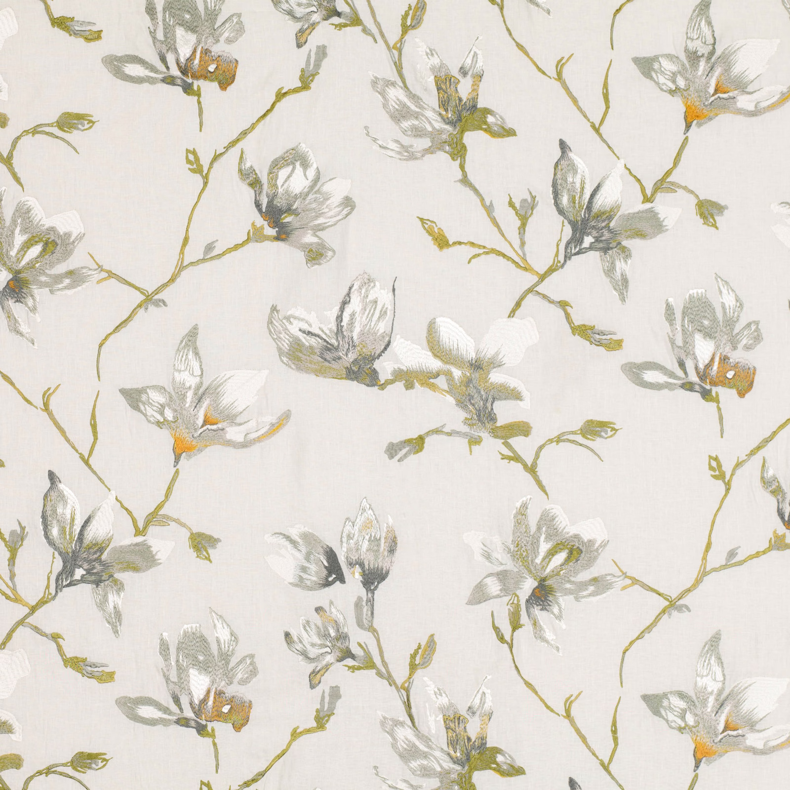 Pale cream embroidered fabric with eucalyptus leaves and grey magnolia blooms
