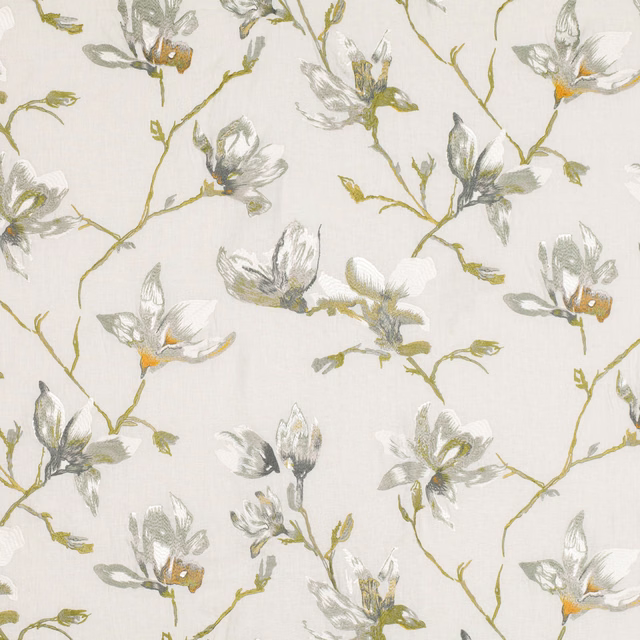 Pale cream embroidered fabric with eucalyptus leaves and grey magnolia blooms