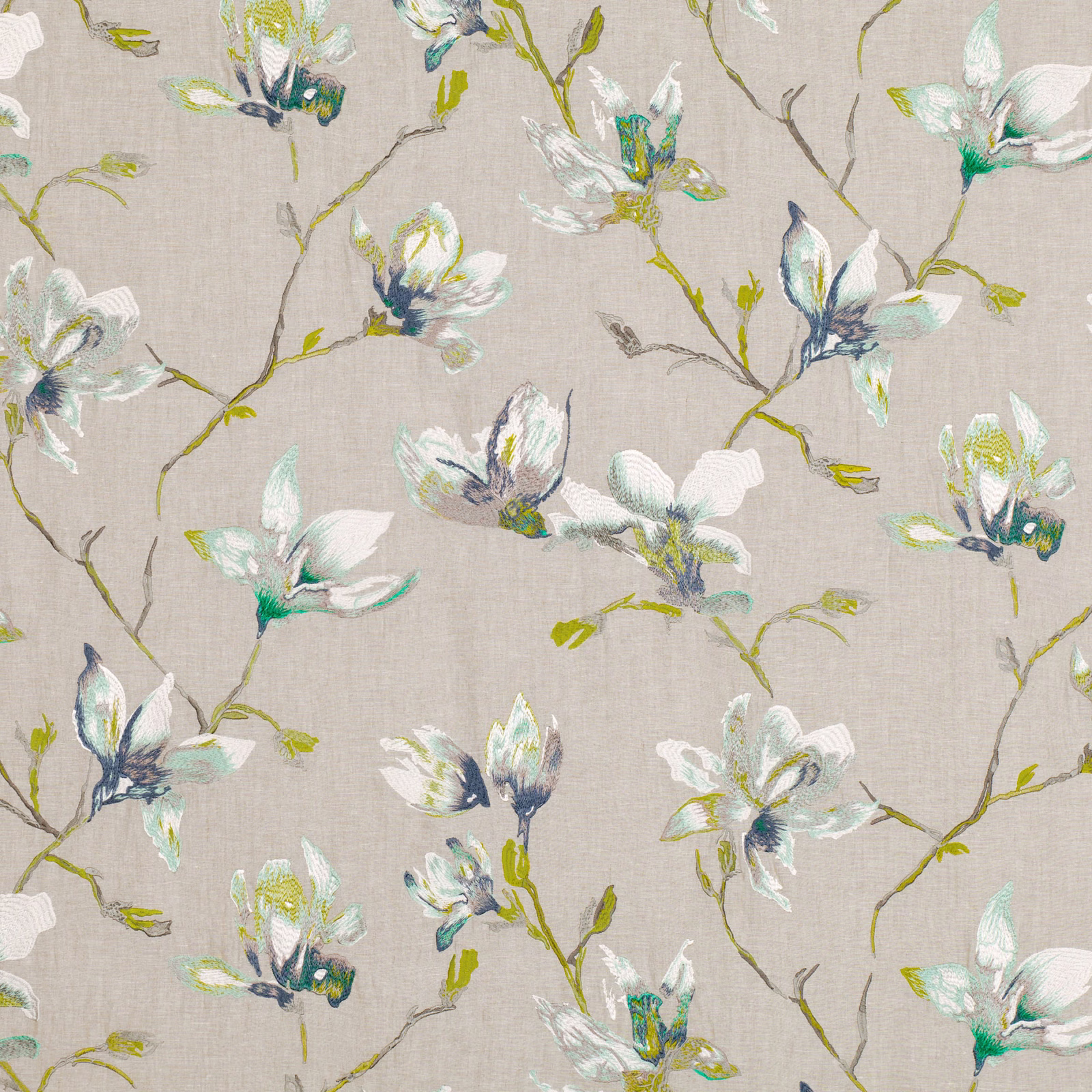 Greige embroidered ground with white magnolia blooms and jade-green branch accents