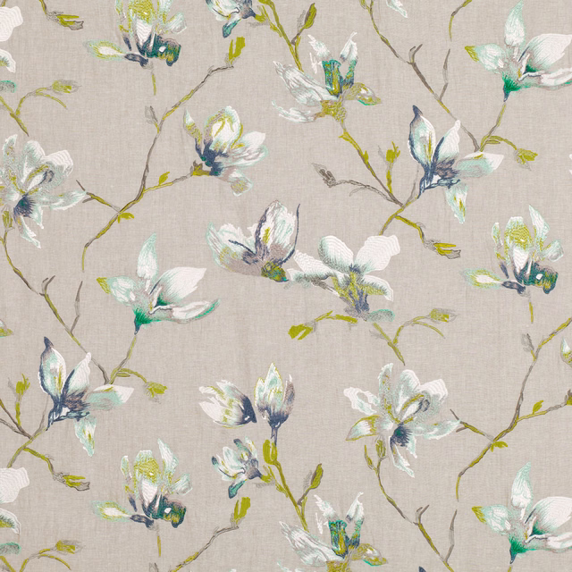 Greige embroidered ground with white magnolia blooms and jade-green branch accents