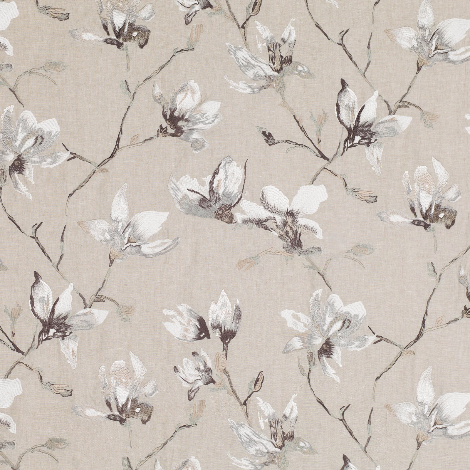 Pale greige embroidered fabric with white blossoms and charcoal branching stems