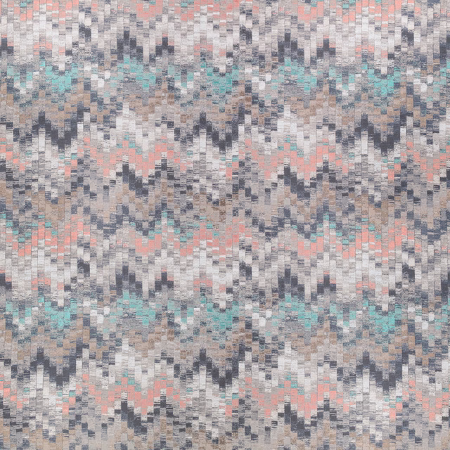 Muted coral, aqua, grey and taupe woven chevrons with pixelated texture