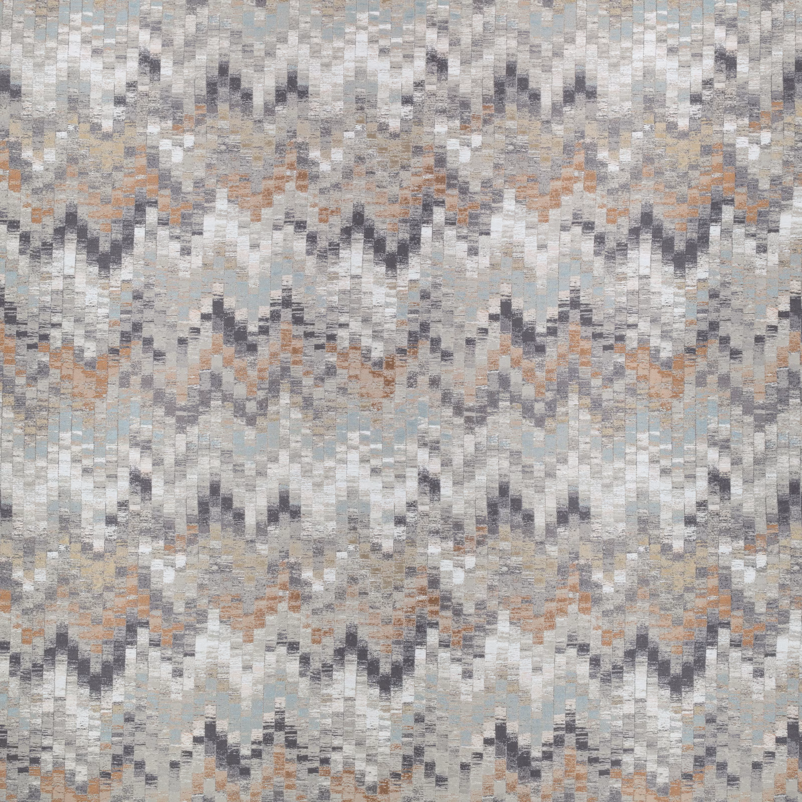 Mottled grey textile with pale blue, terracotta and broken charcoal zigzags