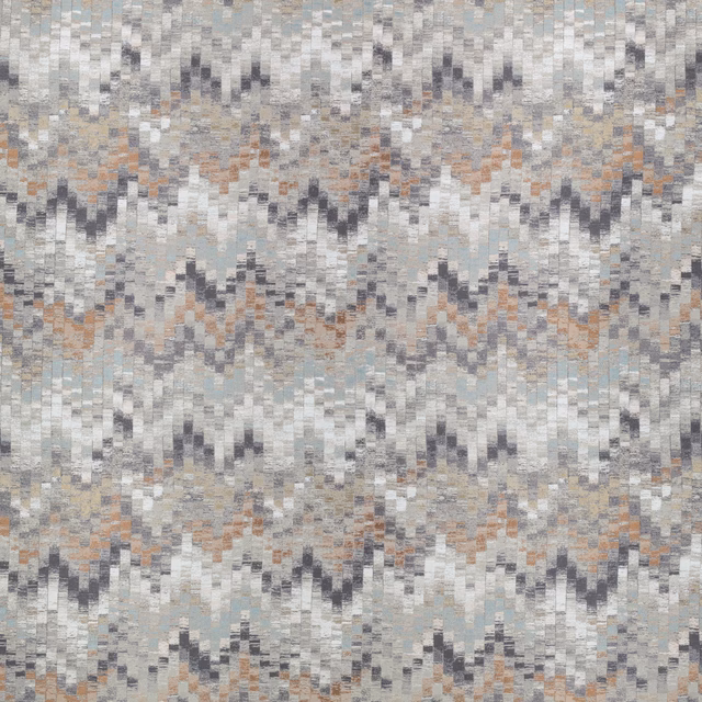 Mottled grey textile with pale blue, terracotta and broken charcoal zigzags