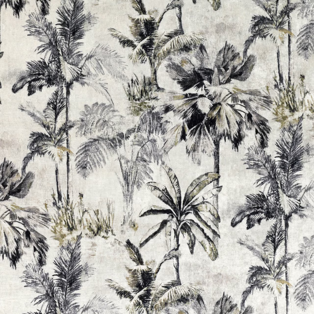 Pale quartz velvet with charcoal palm trees, smoky foliage and olive leaf accents