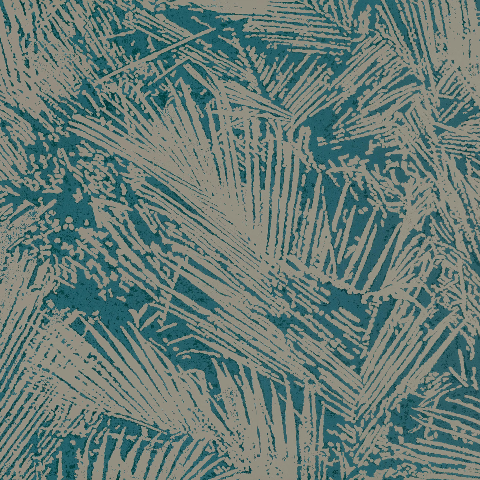 Teal wallpaper with pale beige, distressed areca palm fronds in dense overlap