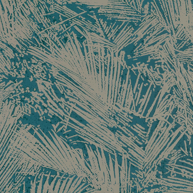 Teal wallpaper with pale beige, distressed areca palm fronds in dense overlap