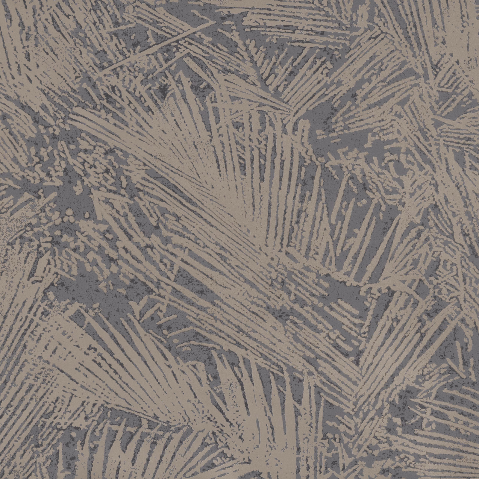 Cool grey wallpaper with muted taupe palm fronds and broken painterly texture