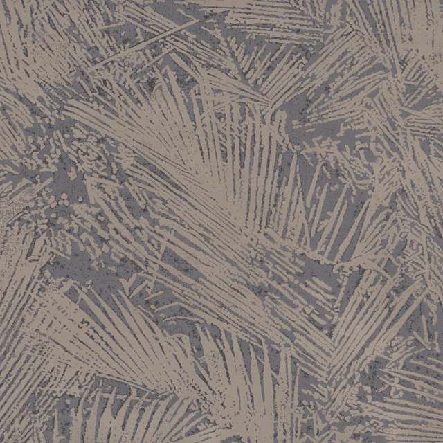 Cool grey wallpaper with muted taupe palm fronds and broken painterly texture