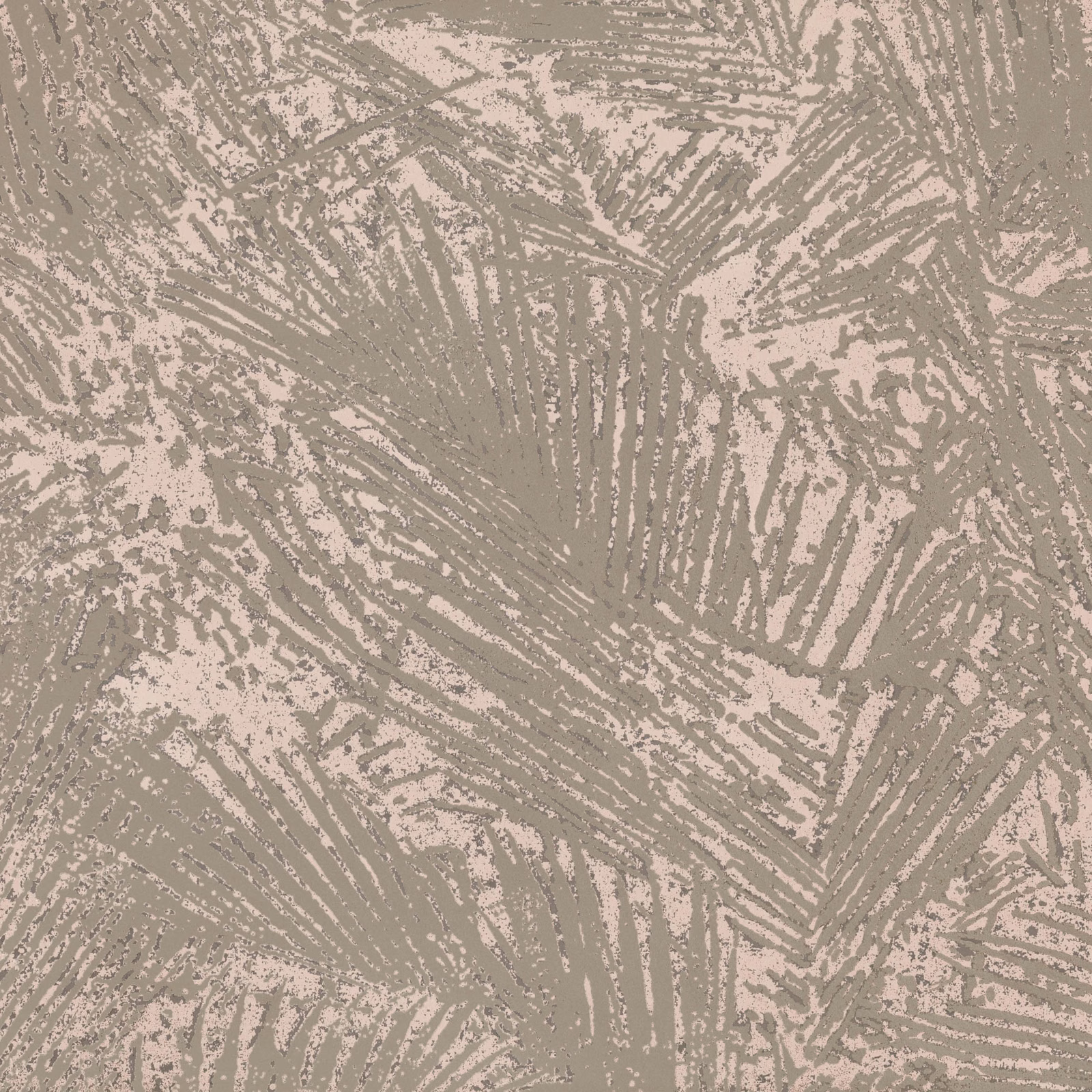 Muted dusty rose wallpaper with taupe palm frond brushwork and mottled texture