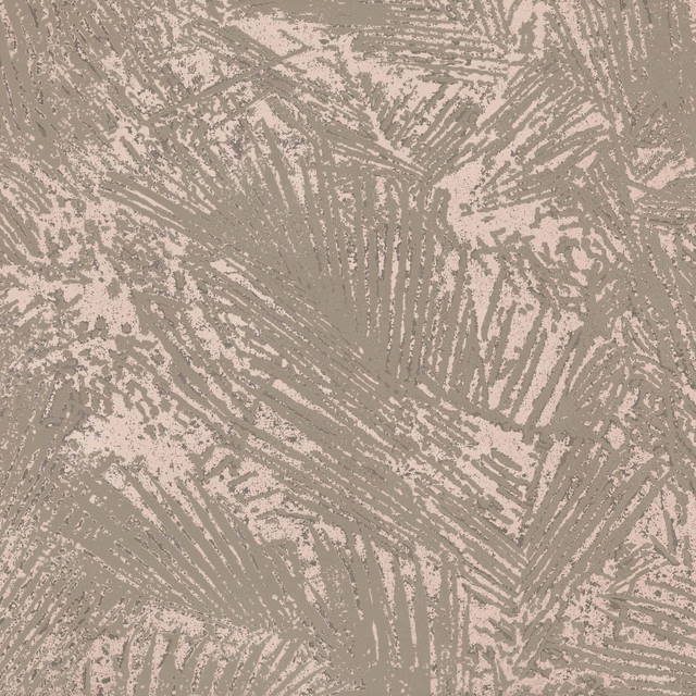 Muted dusty rose wallpaper with taupe palm frond brushwork and mottled texture