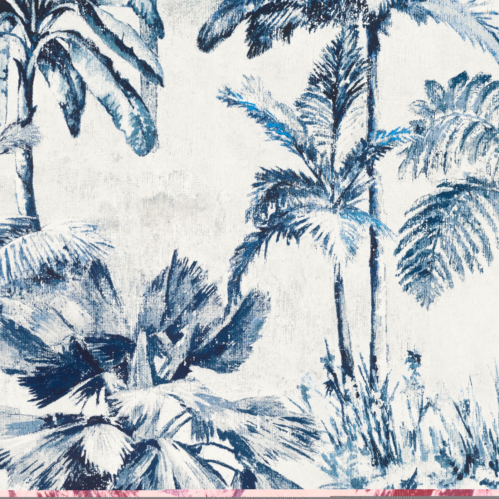 Painterly cobalt and navy palm fronds across a softly textured ivory ground