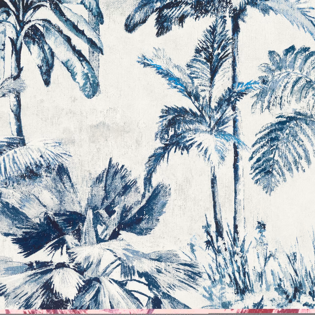 Painterly cobalt and navy palm fronds across a softly textured ivory ground