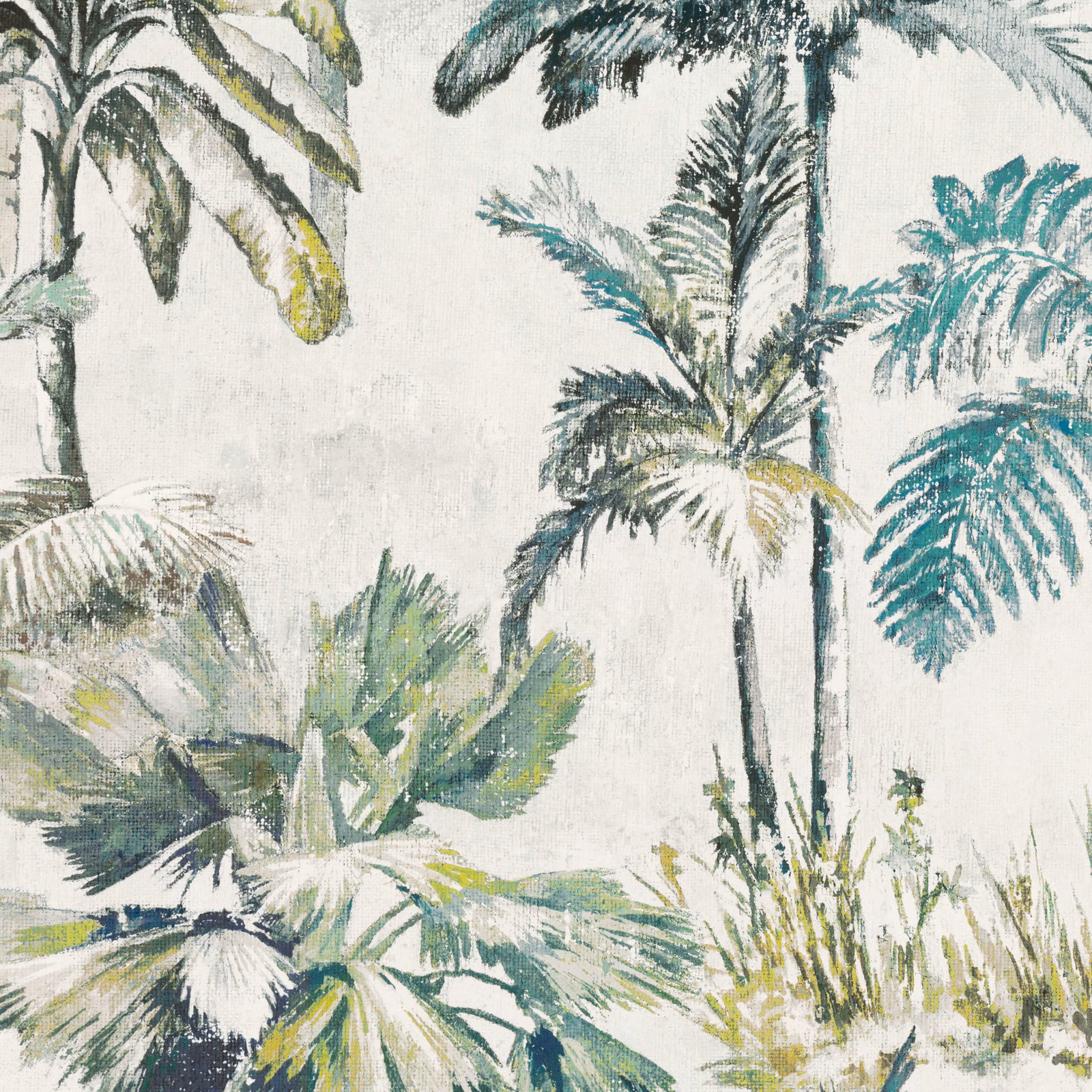 Indian green wallpaper with layered palm fronds in teal, olive and cream