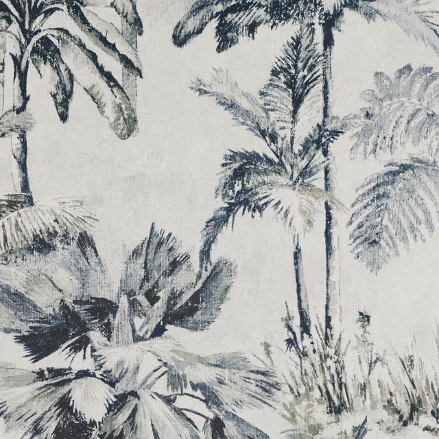 Pale quartz wallpaper with charcoal palm trees and softly sketched tropical foliage
