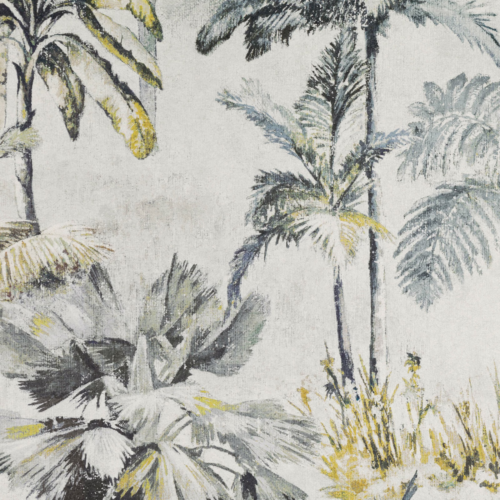 Pale cream wallpaper with charcoal palms, blue-grey fronds and yellow-olive foliage