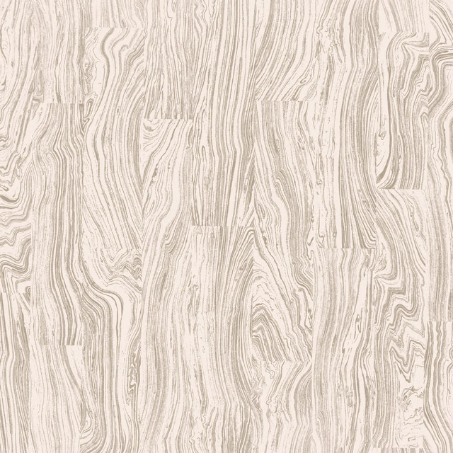 Antique white wallpaper with fine greige woodgrain lines in flowing panel-like forms