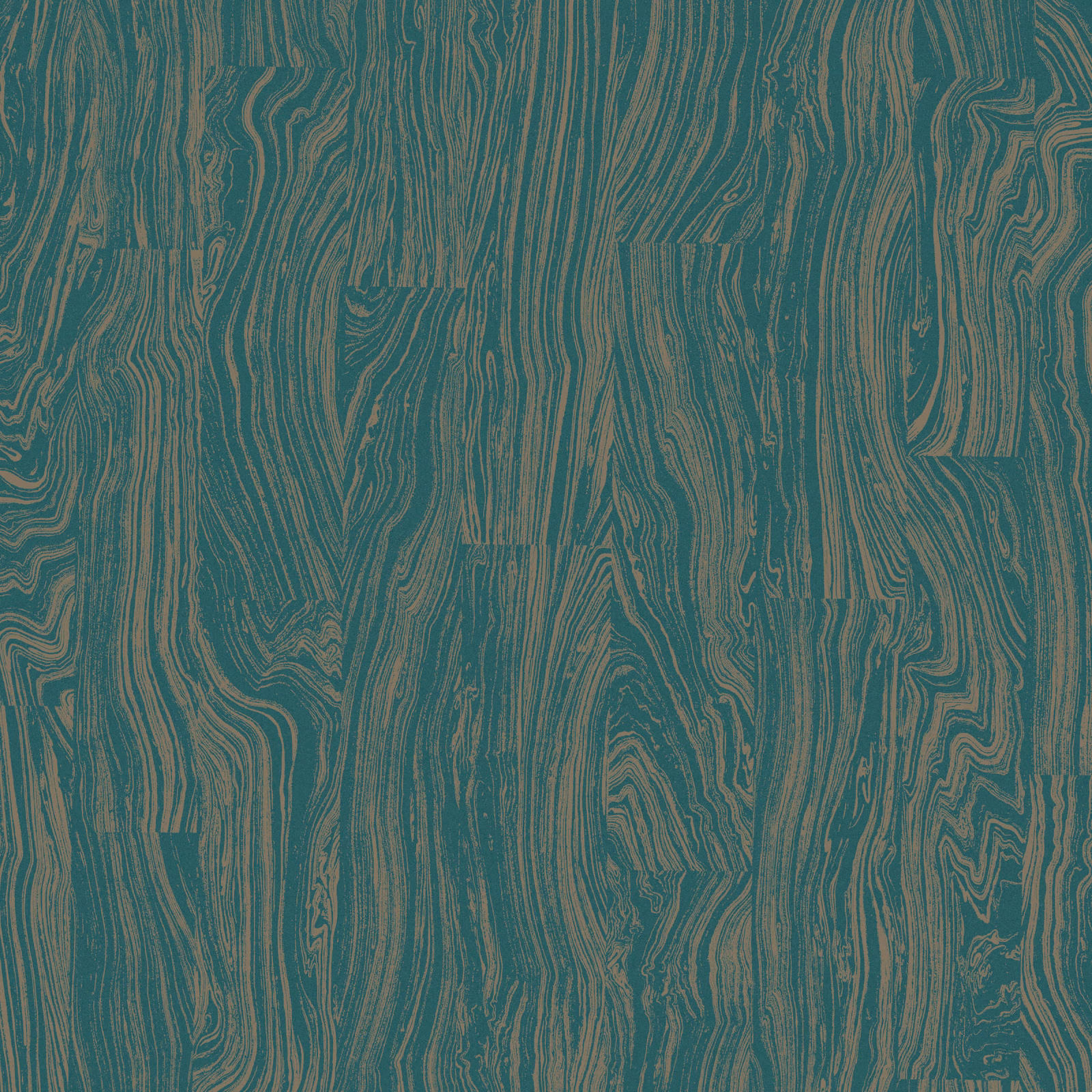 Deep teal-green wallpaper with fine bronze, sinuous woodgrain lines in panelled blocks.