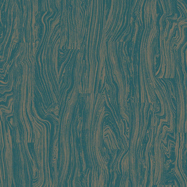 Deep teal-green wallpaper with fine bronze, sinuous woodgrain lines in panelled blocks.