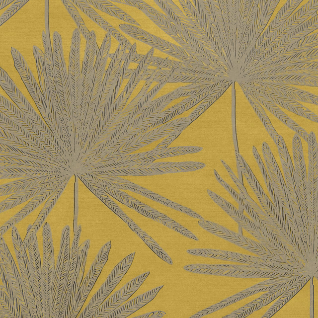 Fenugreek-gold wallpaper with oversized grey palm fronds and a fine textured ground