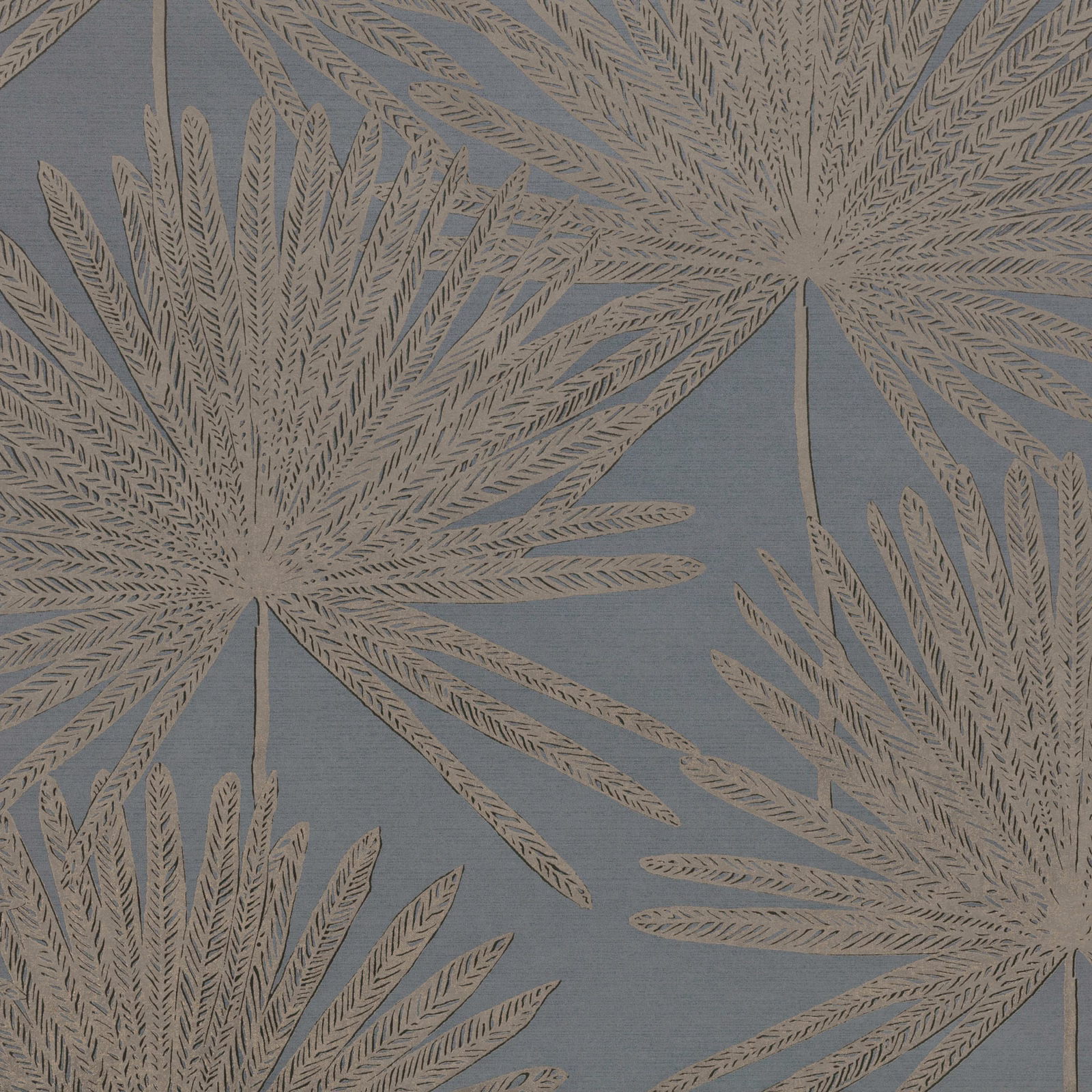 Cool gunmetal-grey wallpaper with taupe radiating botanical fronds and fine dark leaf markings.