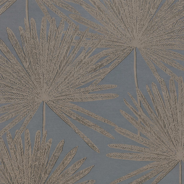 Cool gunmetal-grey wallpaper with taupe radiating botanical fronds and fine dark leaf markings.