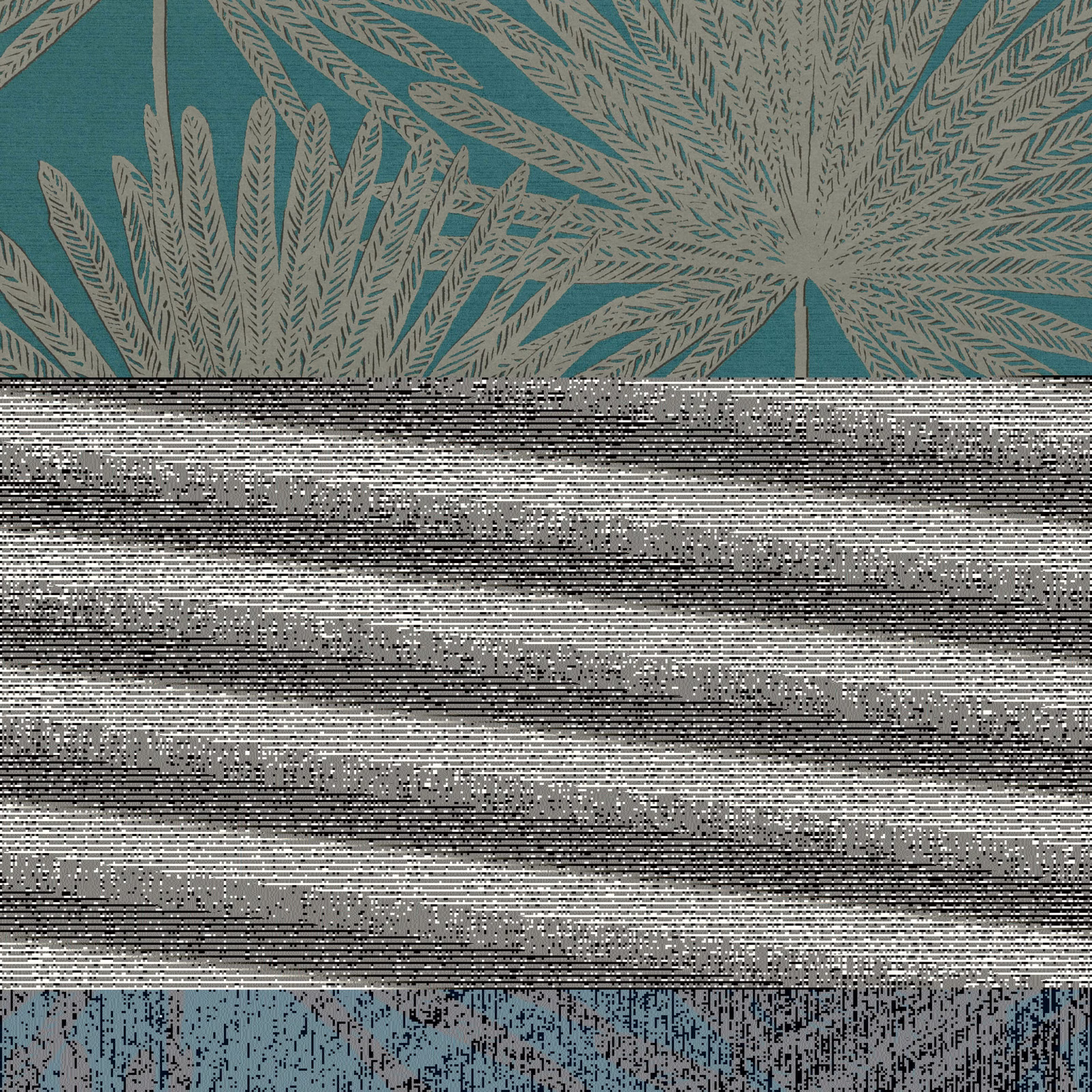 Deep teal-green wallpaper with sand-coloured radiating botanical fronds