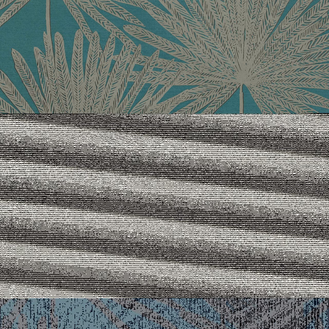 Deep teal-green wallpaper with sand-coloured radiating botanical fronds