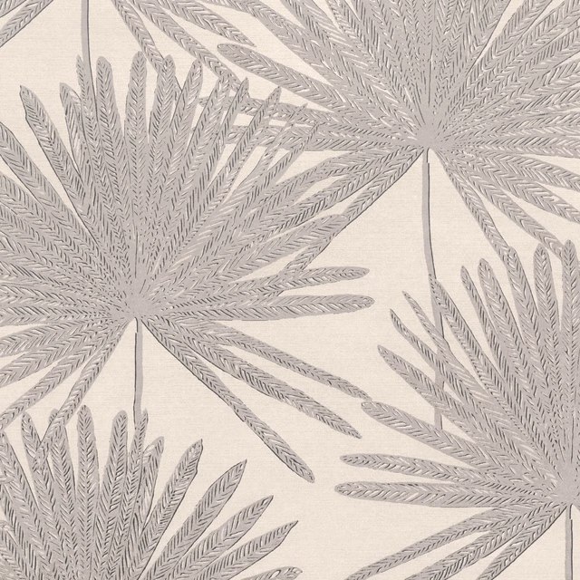 Ivory wallpaper with large silver-grey fan palms and finely lined leaflets
