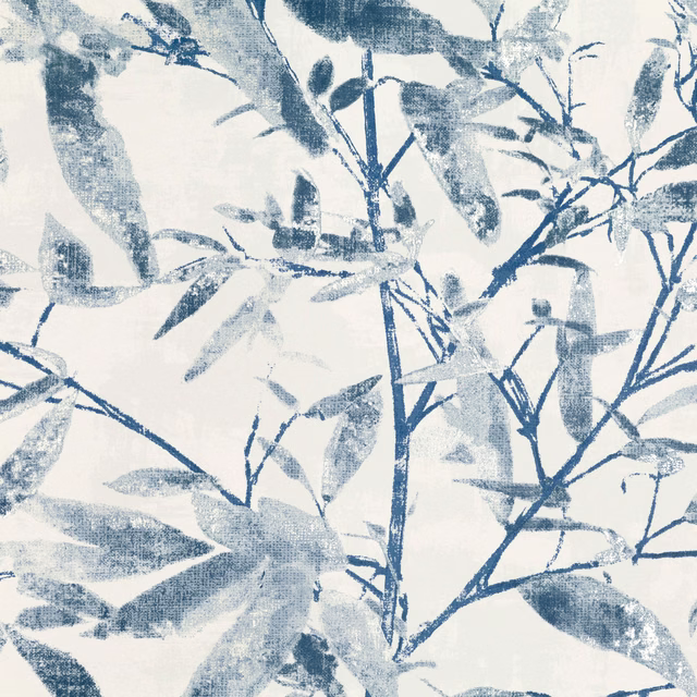 Muted cobalt-blue leafy branches in a painterly pattern on an ivory wallpaper ground
