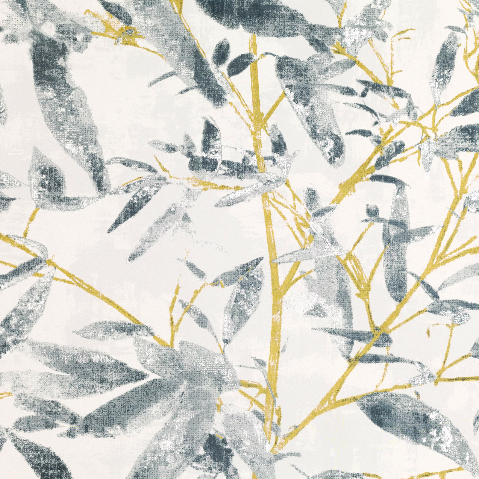 Warm ivory wallpaper with blue-grey leaves and mustard-gold branching stems
