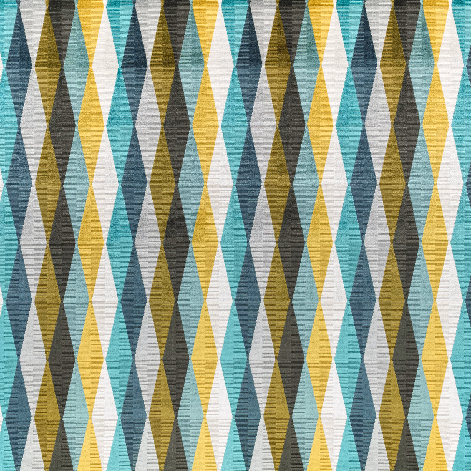 Teal, olive and mustard geometric diamond fabric with a textured woven surface