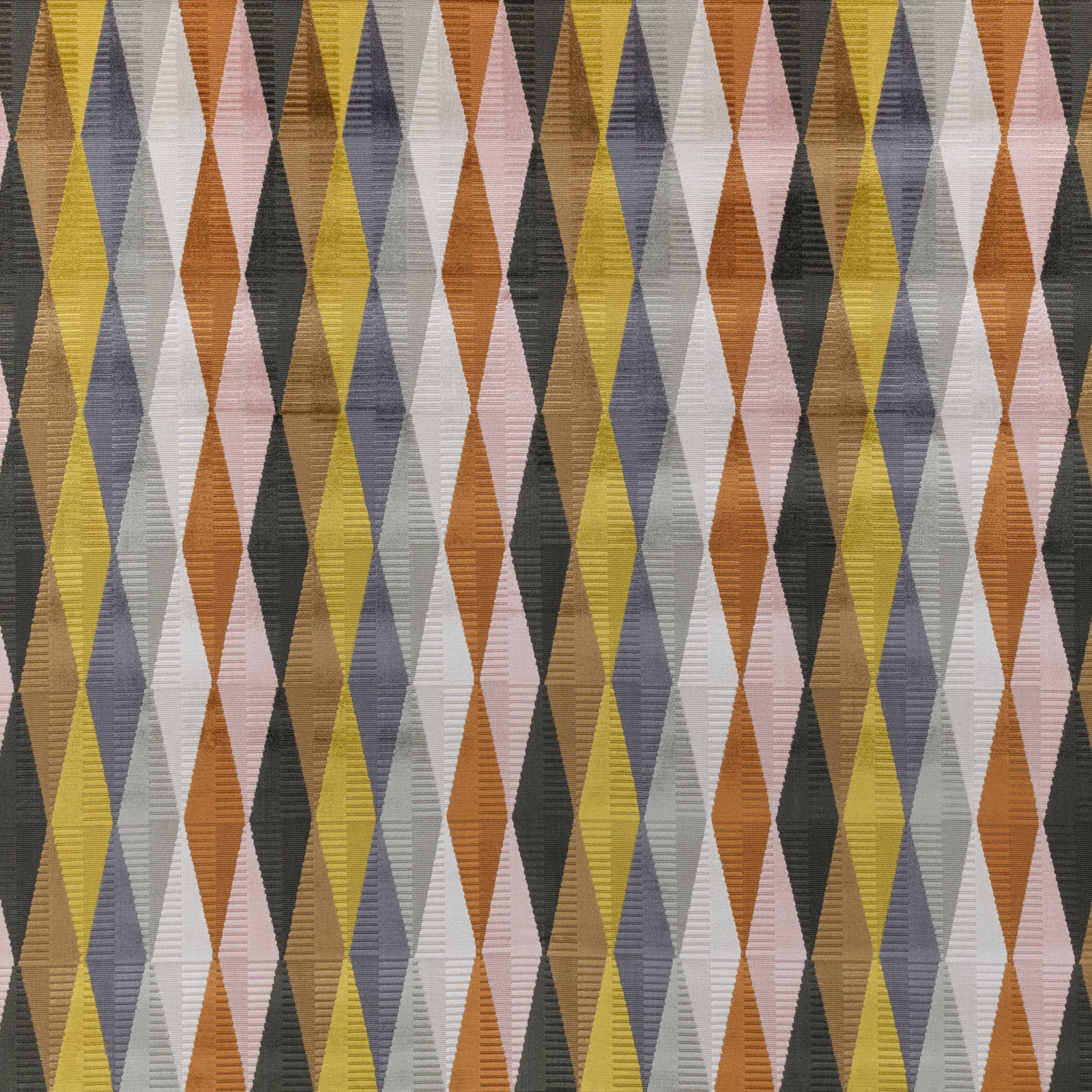 Elongated mustard, rust, charcoal and blush diamond pattern with fine woven texture