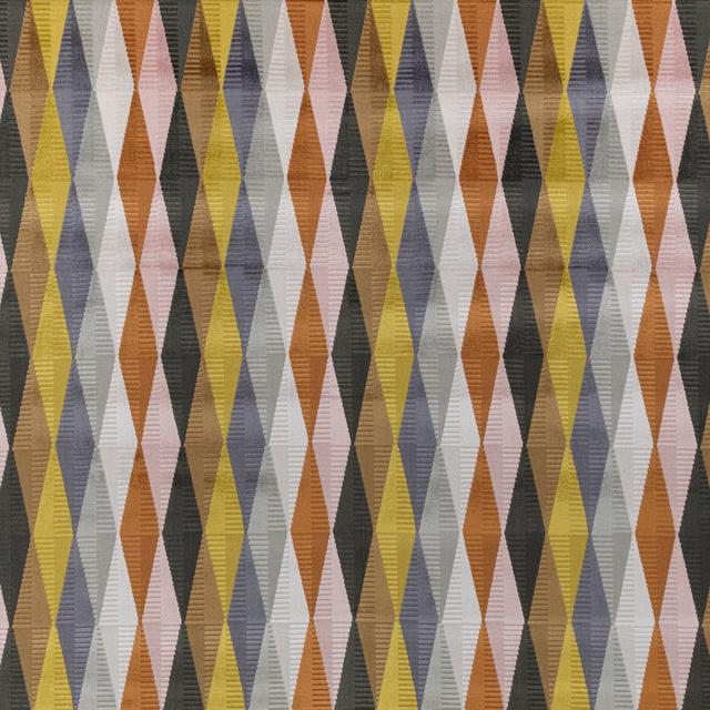 Elongated mustard, rust, charcoal and blush diamond pattern with fine woven texture