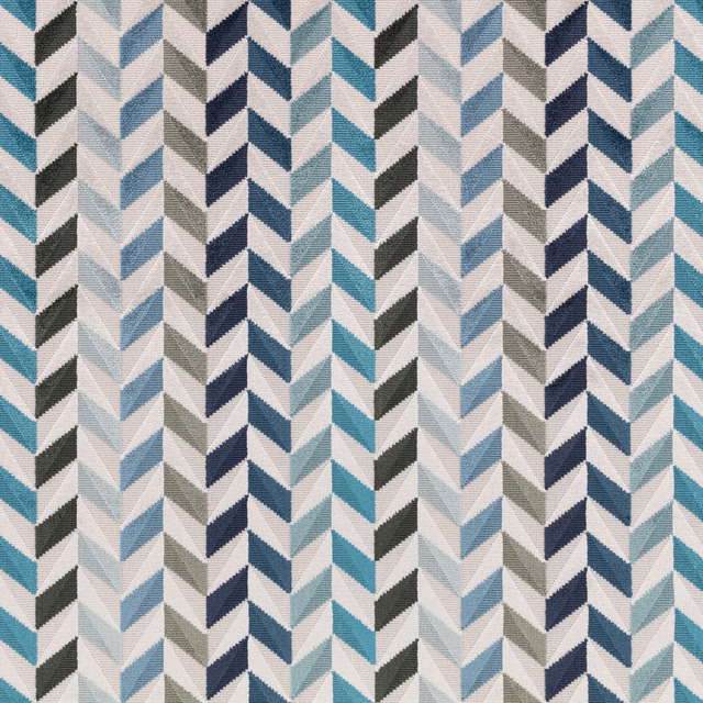 Textured woven fabric with navy, teal, pale blue and grey vertical chevrons