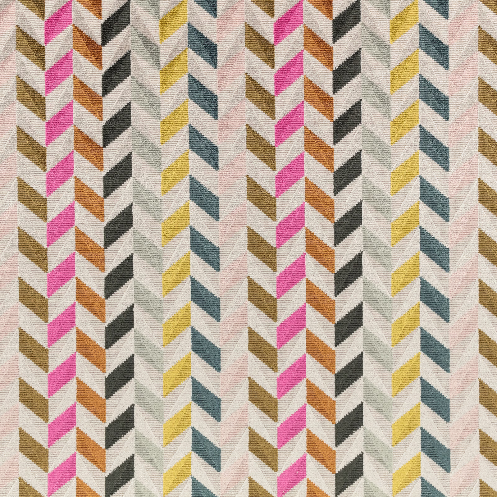 Cream woven fabric with pink, ochre, teal and charcoal geometric chevrons