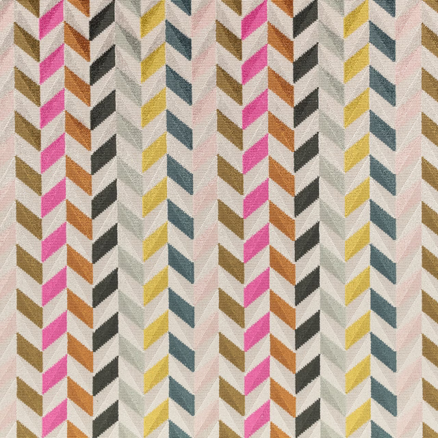 Cream woven fabric with pink, ochre, teal and charcoal geometric chevrons