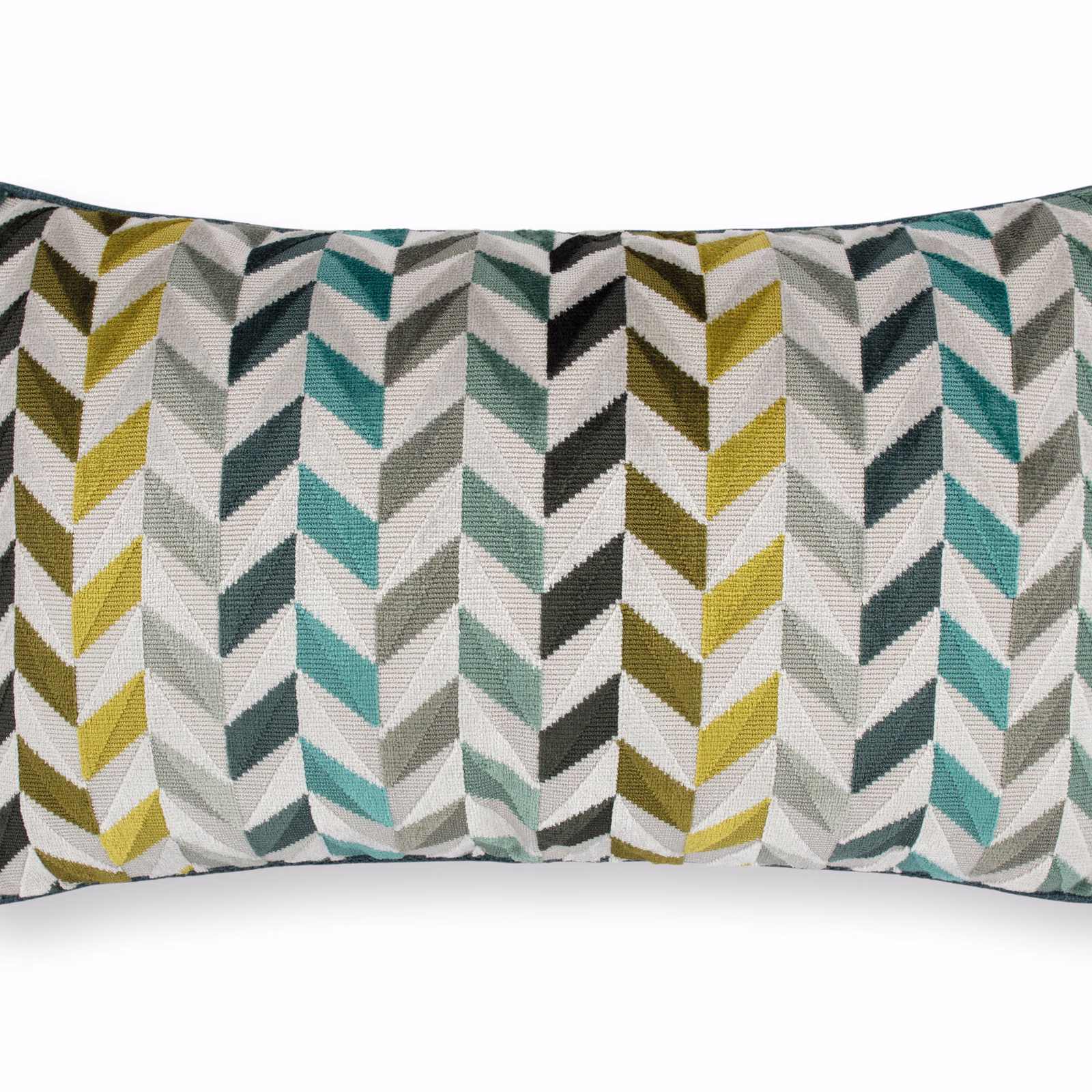 Olive, teal, sage and charcoal chevrons woven across a cream ground