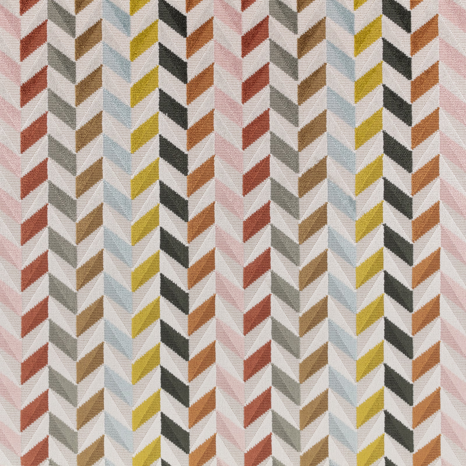 Multicoloured chevron weave with blush, rust, olive and mustard accents