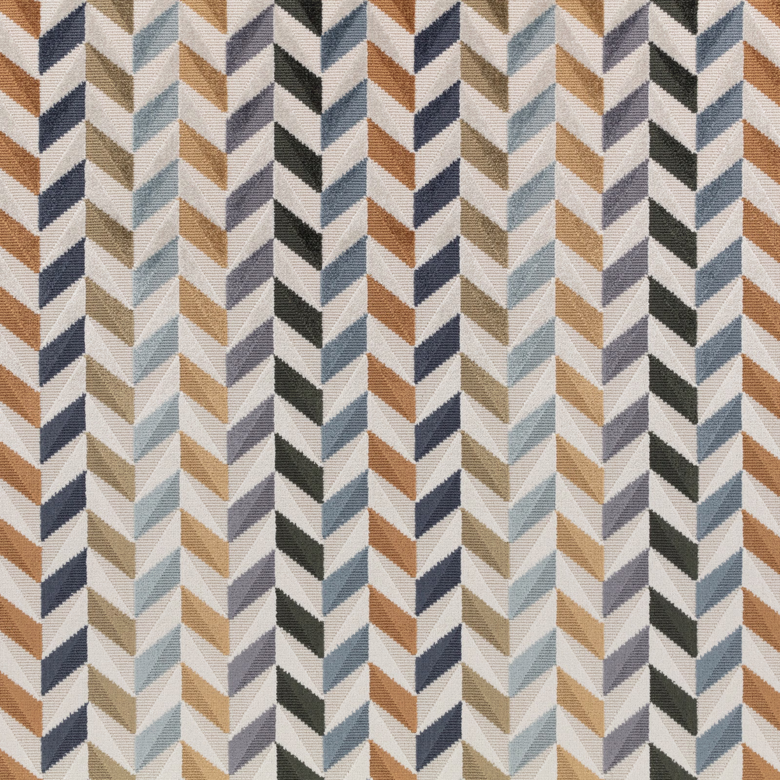 Woven Katori Tamarind fabric with rust, navy, sage and cream geometric chevrons