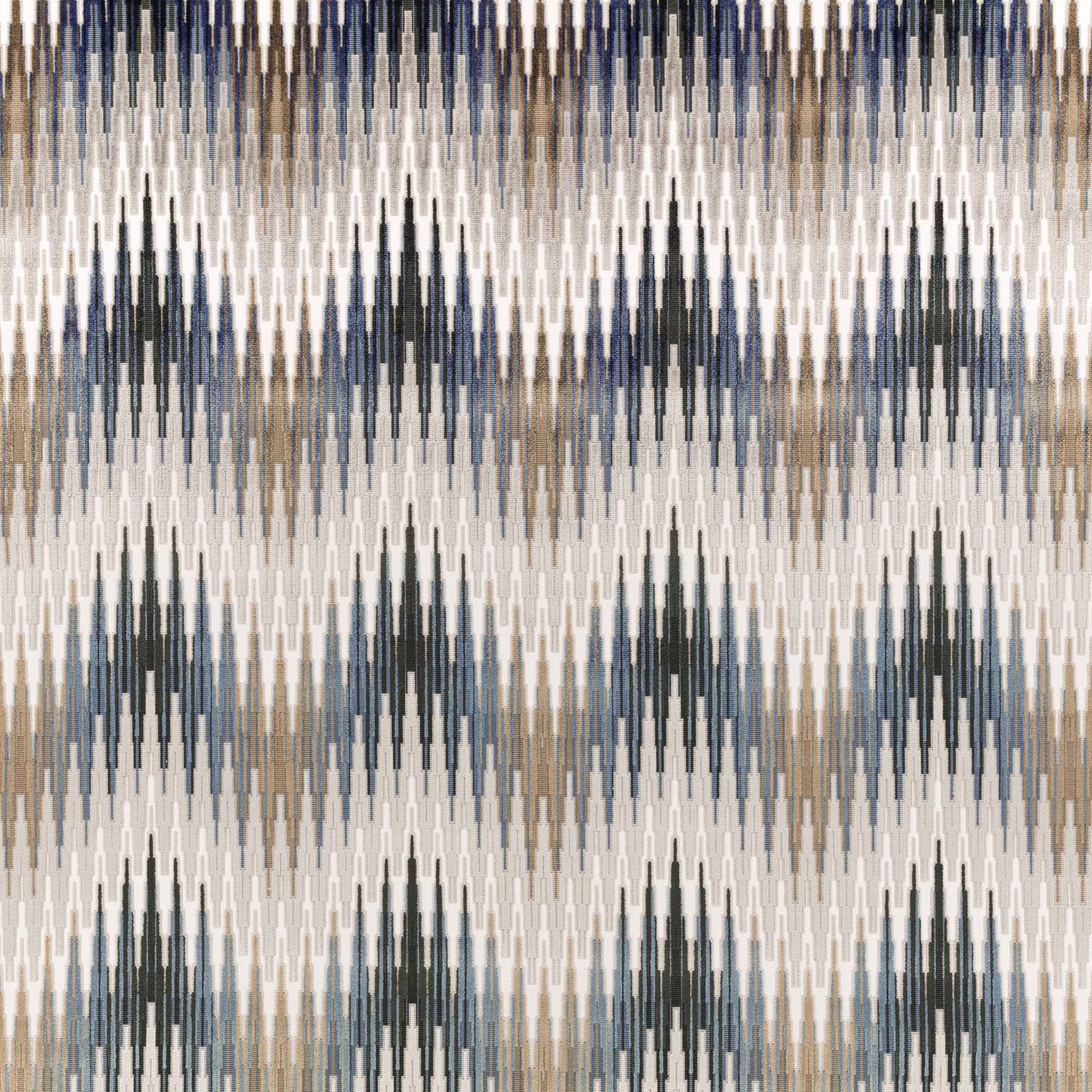 Gunmetal blue-grey woven fabric with ivory and taupe vertical geometric bands