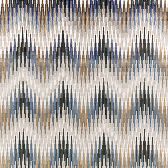 Gunmetal blue-grey woven fabric with ivory and taupe vertical geometric bands