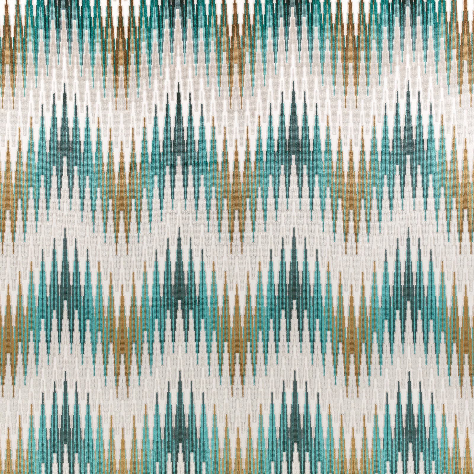 Cream woven ground with jade-teal stepped stripes and olive-gold accents
