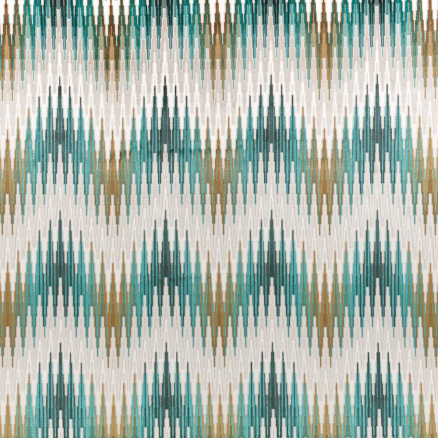 Cream woven ground with jade-teal stepped stripes and olive-gold accents