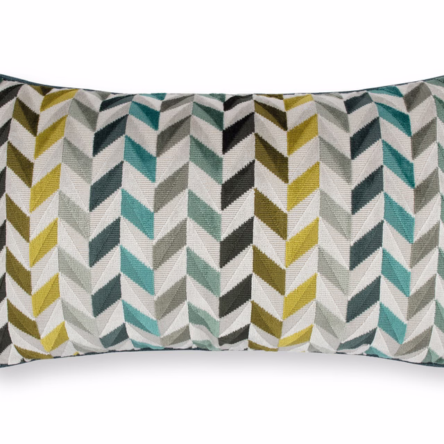 Ivory woven fabric with olive, teal and grey geometric chevrons