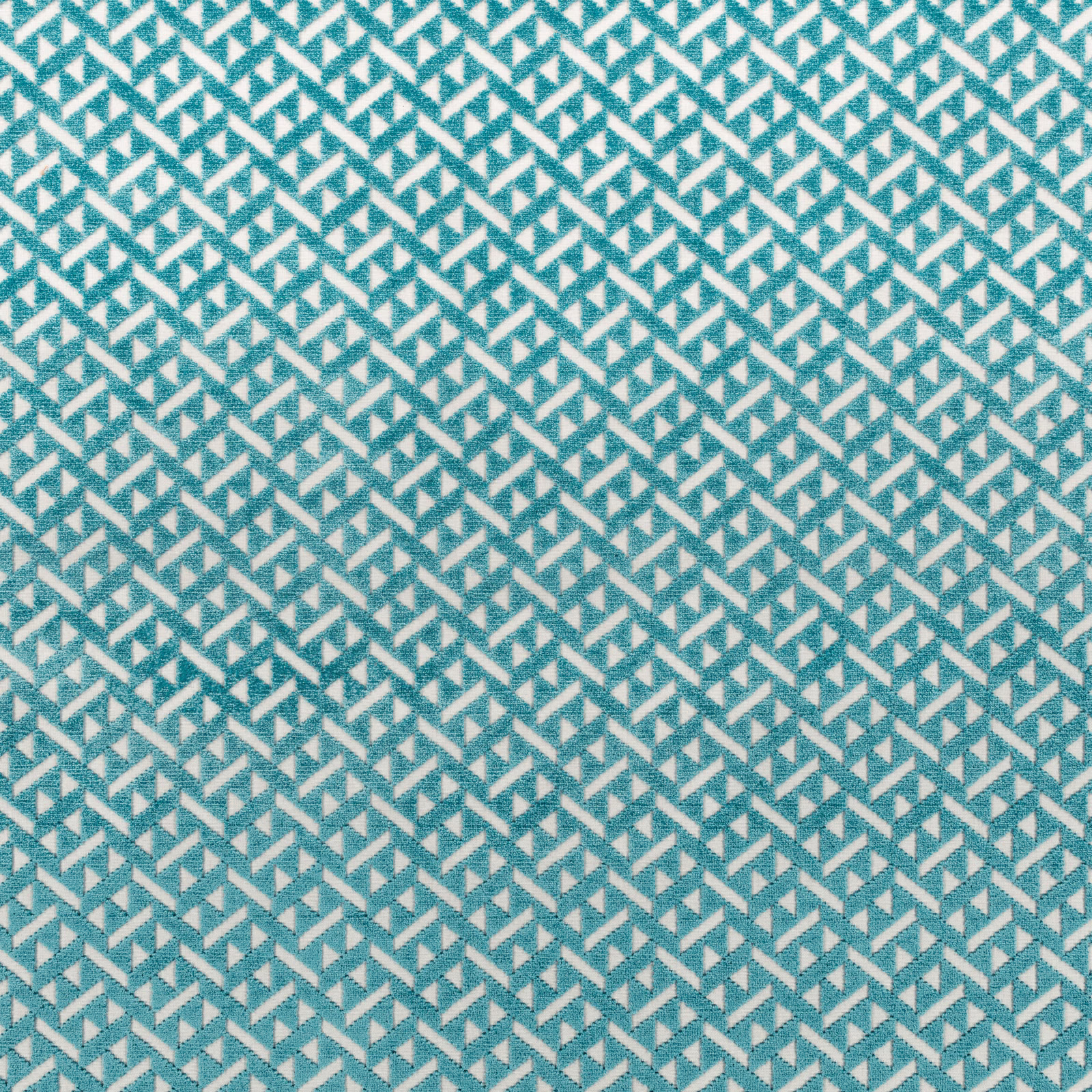 Cool turquoise-blue woven ground with repeated ivory angular chevrons