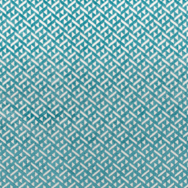 Cool turquoise-blue woven ground with repeated ivory angular chevrons