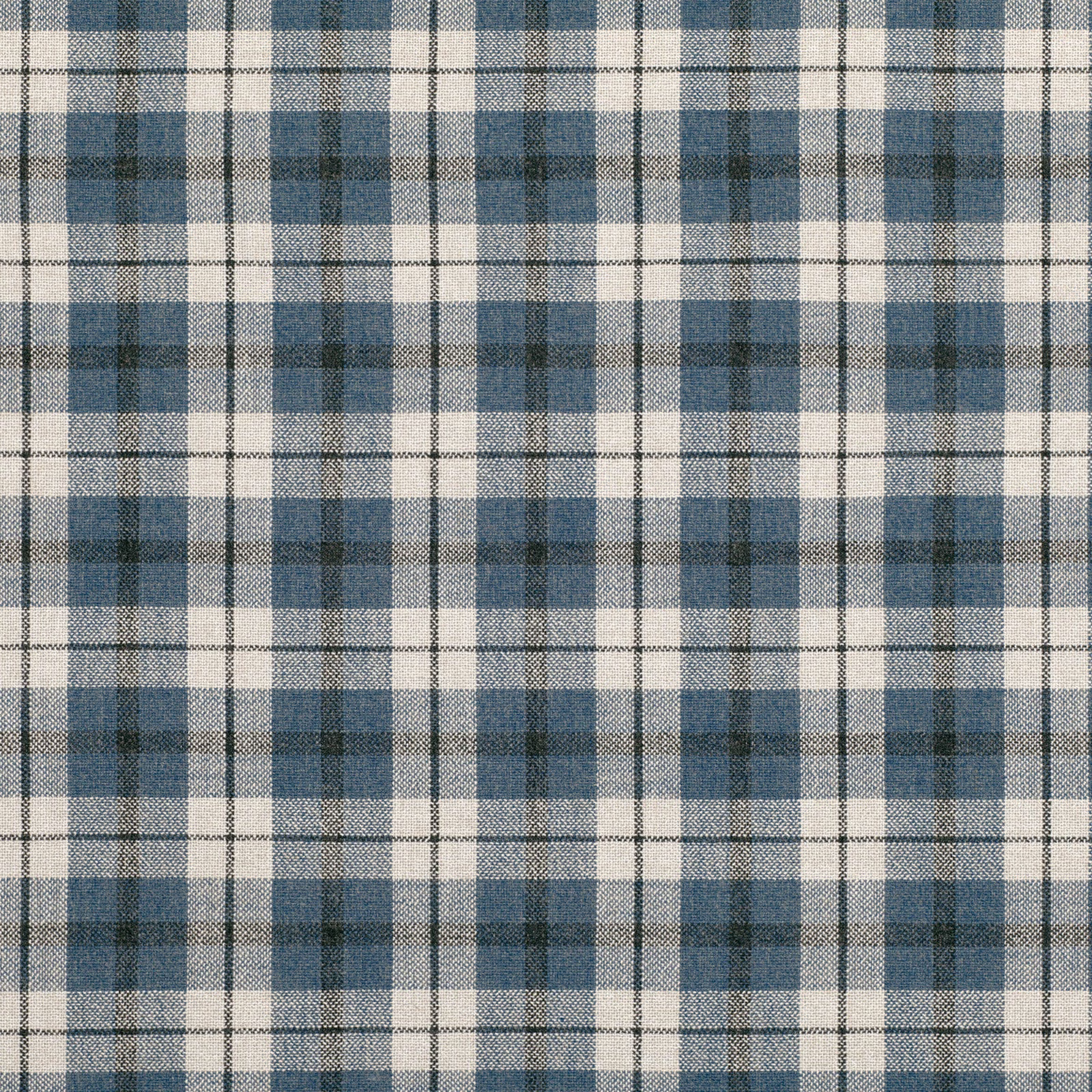Blue-grey and cream woven plaid with charcoal pin lines and textured checks
