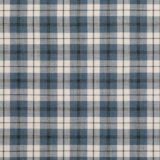 Blue-grey and cream woven plaid with charcoal pin lines and textured checks